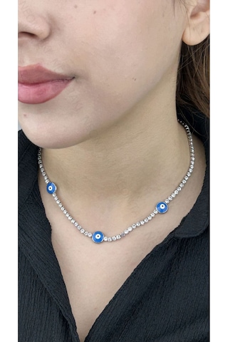 Su Yolu, Zirkon Taşlı, Nazarlı, Paslanmaz Çelik Kolye, Gümüş Renk Gümüş