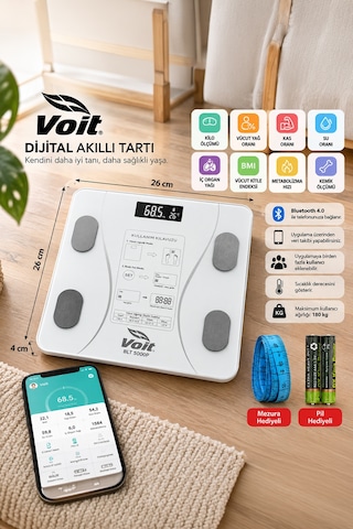 Voit Blt5000 Bluetooth Baskül - Dijital Akıllı Tartı - Yağ Ölçer Tartı - Pil Ve Mezura Hediyeli Tartı - Beyaz