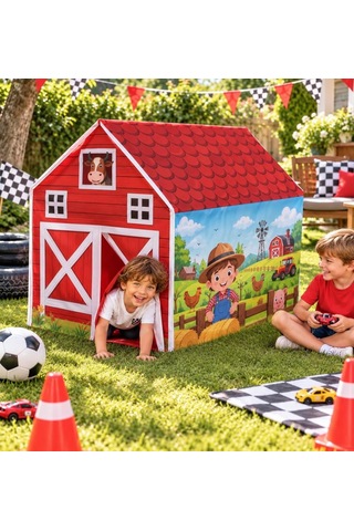Çiftlik Evi Temalı Çocuk Çadırı Tek Yönlü Pencereli Hayal Evi 100 X 100 Cm Eğlenceli Oyuncak Çadır Çok Renkli