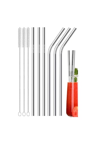 Orret Home 6'li Krom Paslanmaz Metal Pipet Seti 3 Adet Pipet Temizleme Fırçası Hediyeli, Çevre Dostu Metal Pipet