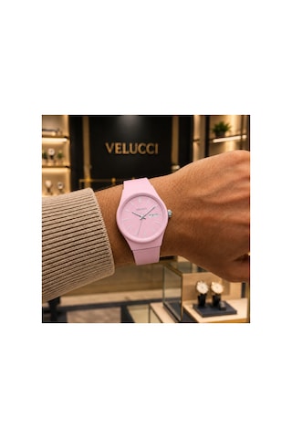 Velucci Pembelin Silikon Kordon Unisex Kol Saati Pembe Kadran Takvimli Analog