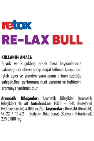 Retox Re-lax Bull Erkek Besi Hayvanları İçin Sakinleştirici 20 Kg
