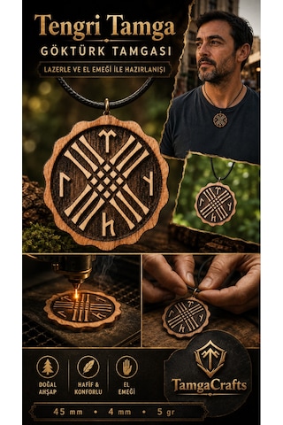 Tengri Tamga Göktürk Doğal Ahşap Kolye - Lazer Kesim Unisex 011 - Kahverengi