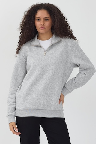 Unisex Regular Fit Rahat Kesim Pamuklu Içi Polarlı Yarım Fermuarlı Gri Dik Yaka Sweatshirt Gri