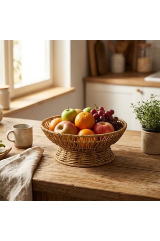 25 Cm Plastik Rattan Servis Çanağı Doğal Hasır Görünümlü Dekoratif Meyve, Ekmek Ve Sunum Kasesi Belirtilmemiş