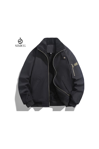 Erkek Polar Astarlı Ceket, Sonbahar/kış Stili, Kalın Polar Astarlı Ceket, Açık Hava Uçuş Ceketi, Pamuklu Mont Siyah