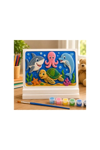 3d Suya Dayanıklı Mermer Tozu Boyama Seti Standlı Deniz Canlıları Çocuk Boyama Tablosu 18x13 Cm Boya Emmez, Özel Formül