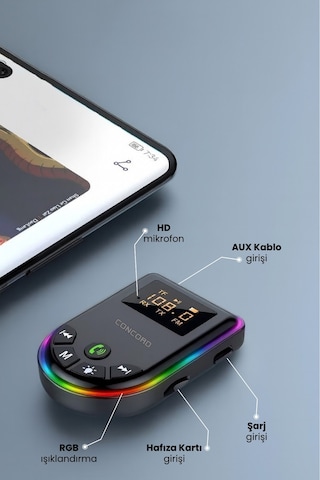 2'si 1 Arada Bluetooth 5.3 Ses Adaptörü, Ses Alıcısı / Vericili, Renkli Işığa Sahip Mp3 Çalar