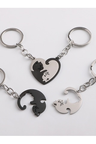 Kedi Figürlü Çift Anahtarlığı - Birbirini Tamamlayan 2'li Puzzle Anahtarlık Seti