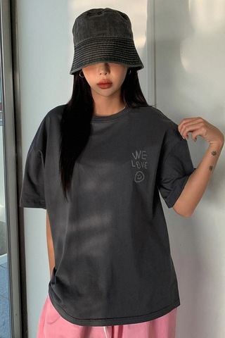 Whatever We Love T-shirt - Füme Baskılı Oversize Bisiklet Yaka Kısa Kol Füme