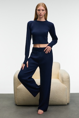 Grımelange Marıposa Kadın Yuvarlak Yaka Çizgi Desenli Crop Geniş Paça Triko Lacivert Alt-üst Takım Lacivert