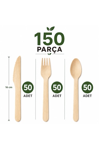 Doğa Dostu Ahşap Çatal Bıçak Kaşık Seti 3x50'li Paket Açık Ahşap
