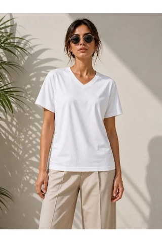 Efnaz Style V Yaka Basic Tişört Kısa Kol Yazlık Regular Fit T-shirt - Beyaz