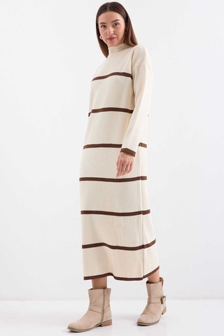 Gabria Kalın Çizgili Triko Elbise Bej