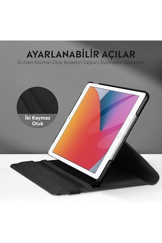 Yatay Ve Dikey 360 Derece Döner Tablet Kılıfı iPad Uyumlu 9.nesil 10.2 Siyah Arka Kapak