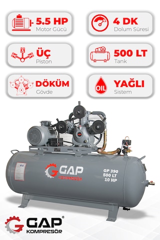 Gap Kompresör Gp390 Hava Kompresörü Pistonlu 500lt 3 Kafa 8 Bar 10 Hp