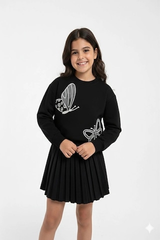 Koçak Kids Taşlı Kelebek Desenli Etekli Kız Çocuk Takım Siyah