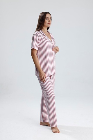 Kompedan Kadın Çizgili Önden Düğmeli Pijama Takım Mor Çzg Mor