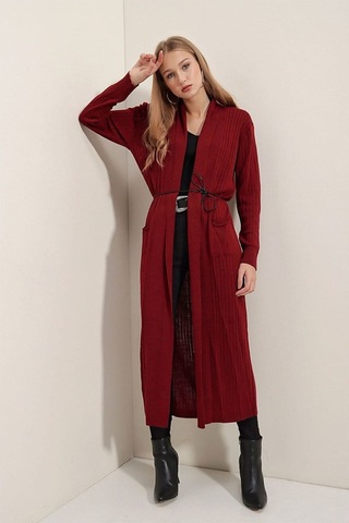 Onno Style Women Standart Beden Uzun Triko Fitilli Kadın Ceket Bordo