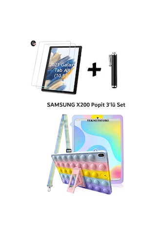 Samsung Galaxy Tab A8 10.5 2021 Sm-x200 Uyumlu Kedi Kılıf Çocuk Kılıfı Askılı Standlı 3'lü Set Kılıf