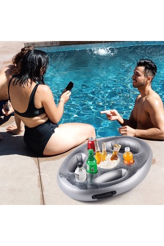 Geeroyoo Hava İle Dolu Yüzgeç Masa: Havuz Partileri İçin İçecek Ve Yiyecek Taşıyıcı, Soğutucu Bardak Tutucuları Ve Çantalar Gri, 70x50x10cm