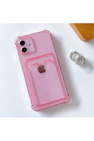Teknomoda Apple Uyumlu iPhone 11 Kılıf Kartlıklı Anti Şok Korumalı Şeffaf Silikon Pembe Pembe