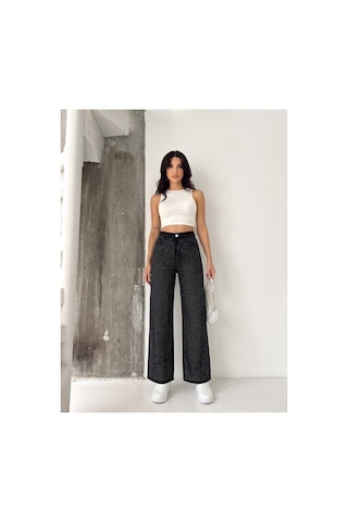 Kene Jeans Ön Taşlı Siyah Denim Wide Leg/bol Paça Pantolon Siyah