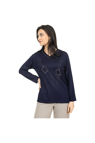 Kadın Orta Yaş Ve Üzeri Yeni Model V Yaka Taş İşlemeli Anne Penye Bluz 30560-lacivert