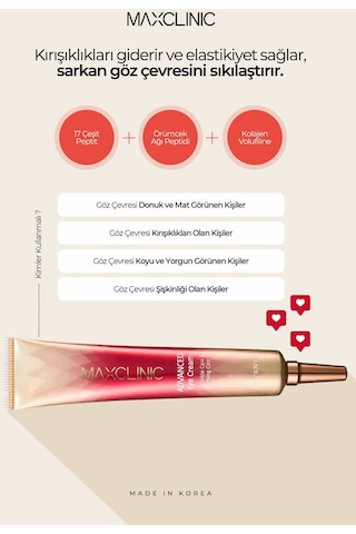Maxclinic Göz Çevresi Için 17 Çeşit Peptid, Örümcek Ağı Peptid Ve Kolajen Içeren Advanced Eye Cream