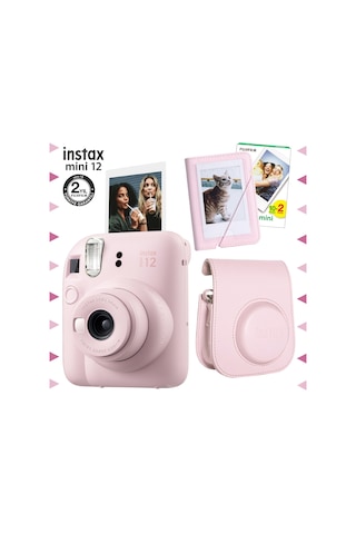 Fujifilm Instax Mini 12 Fotoğraf Makinesi + 20'li Film + Mini Albüm + Deri Kılıf Seti Pembe