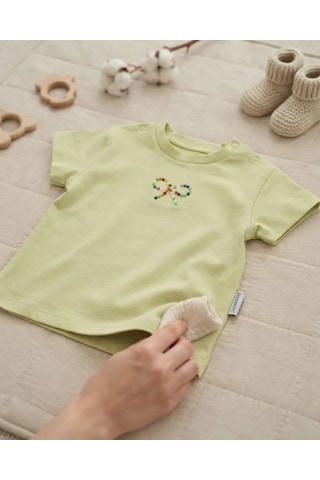 Tuffy Çağla Yeşili Kız Bebek Zeytin Renkli Kısa Kollu T-shirt Renkli Fiyonklu Detaylı