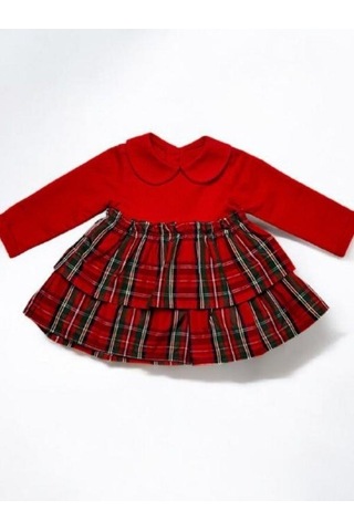 Çikoby Kız Bebek Bebe Yaka Ekose Desenli Elbise-14902 Kırmızı