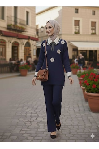 Sayzen Your Shine Gömlek Yaka Broşlu Alt-üst 2'li Triko Takim Sdnz-2501 Lacivert