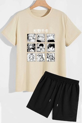 Uyguntarz Rahat Tasarım Anime Şort T-shirt Eşofman Takımı Bej