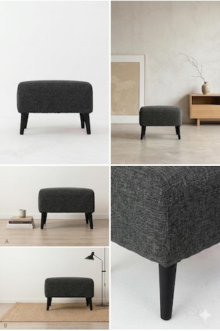 Coart Home Minimalist İskandinav Tarz Puf, Antrasit Gri, 48x40x38 Cm, Keten Kumaş, Ahşap Ayaklı, Dikdörtgen Diğer