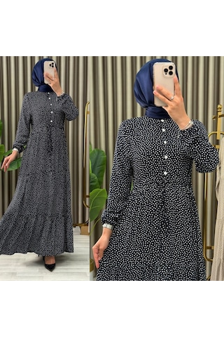 Ayşo Clothes Kadın Puantiyeli Siyah Renk Viskon Kumaş Ön Düğmeli Ayarlanabilir Kuşaklı Tesettür Elbise Siyah