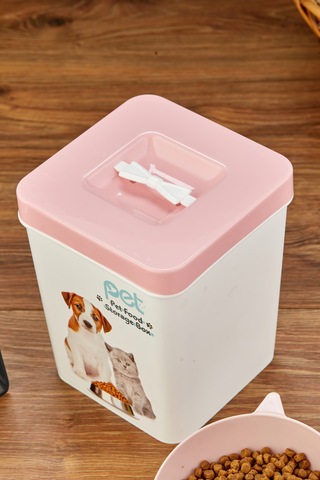 Evcil Hayvan Kedi Ve Köpek Mama Saklama Kabı & Mama Kabı Seti Kürek Hediyeli 3'lü Set - Pembe