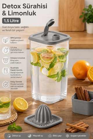 Porsima 06-1109 Detoks Sürahi & Limonluk Şeffaf 1,5 L - Gri