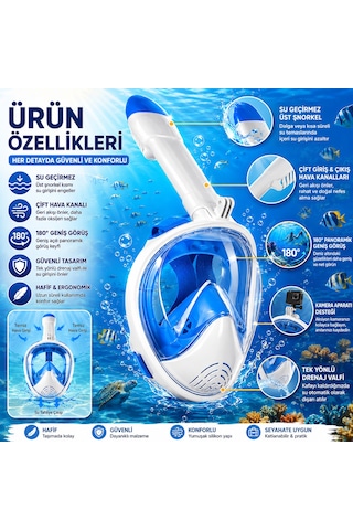 Tam Yüz Şnorkel Maske Panoramik Görüş Dry Top Sistem Dalış & Deniz Maskesi Anti-fog Su Geçirmez Snorkel Seti Açık Mavi