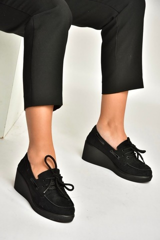 Fox Shoes Y602006402 Siyah Süet Dolgu Tabanlı Kadın Ayakkabı Siyah