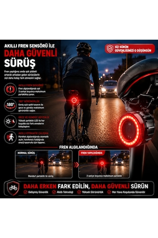 Akıllı Bisiklet Arka Stop Lambası Fren Sensörlü Type-c Şarjlı Ipx5 Su Geçirmez Led Kuyruk Lambası 5 Modlu Bisiklet Arka Işığı Siyah