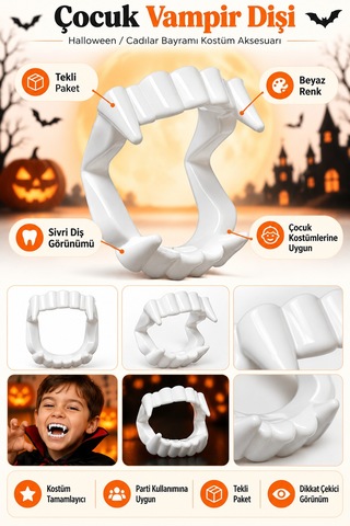 Halloween Cadılar Bayramı Çocuk Vampir Dişi Tekli Paket Kostüm Parti Aksesuarı Beyaz Sivri Diş