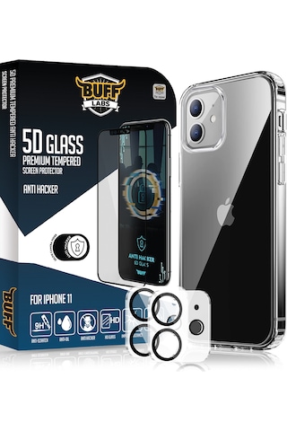 Buff Apple Uyumlu iPhone 11 Avantaj Paket - Air Hybrid Kılıf + Ekran Koruyucu + Lens Koruyucu Anti Hacker Koyu Siyah