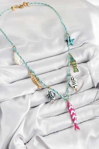 Seramik Motifli Pembe Balık Figürlü Model Mavi İp Kadın Kolye Çok Renkli