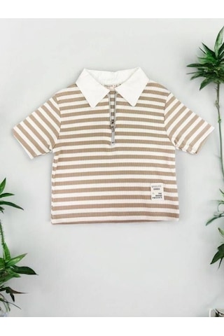 Zekids Kız Çocuk Polo Yaka Çizgili T-shirt-14393 Vizon