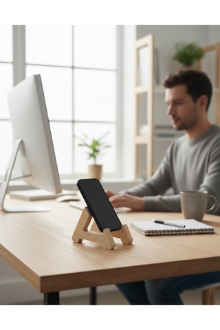 Doğal Ahşap Telefon Ve Tablet Standı - Masaüstü İpad Tutucu - Ofis Ve Ev Aksesuarı