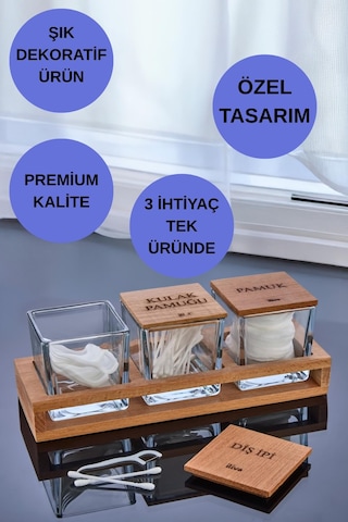 3'lü Standlı Kulak Pamuğu Pamuk Ve Diş İpi Kavanozu Cam Pamukluk, Dekoratif Banyo Düzenleyici Şeffaf