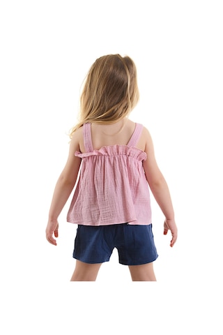 Denokids Kız Bebek Çocuk Pembe Müslin Bluz Şort Takım Pembe