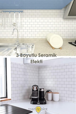 Trendpoint 3d 30 30cm Mutfak Tezgah Arkası Kaplama Kendinden Yapışkanlı Beyaz Seramik Görünüm Banyo