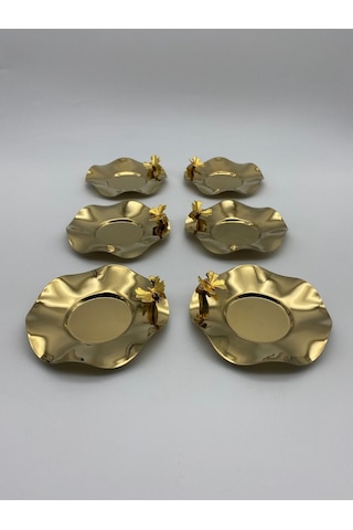 6'lı Kelebekli Gold Dalgalı Model Paslanmaz Çelik Çay Tabağı, Fincan Ve Kupa Altlığı Gold
